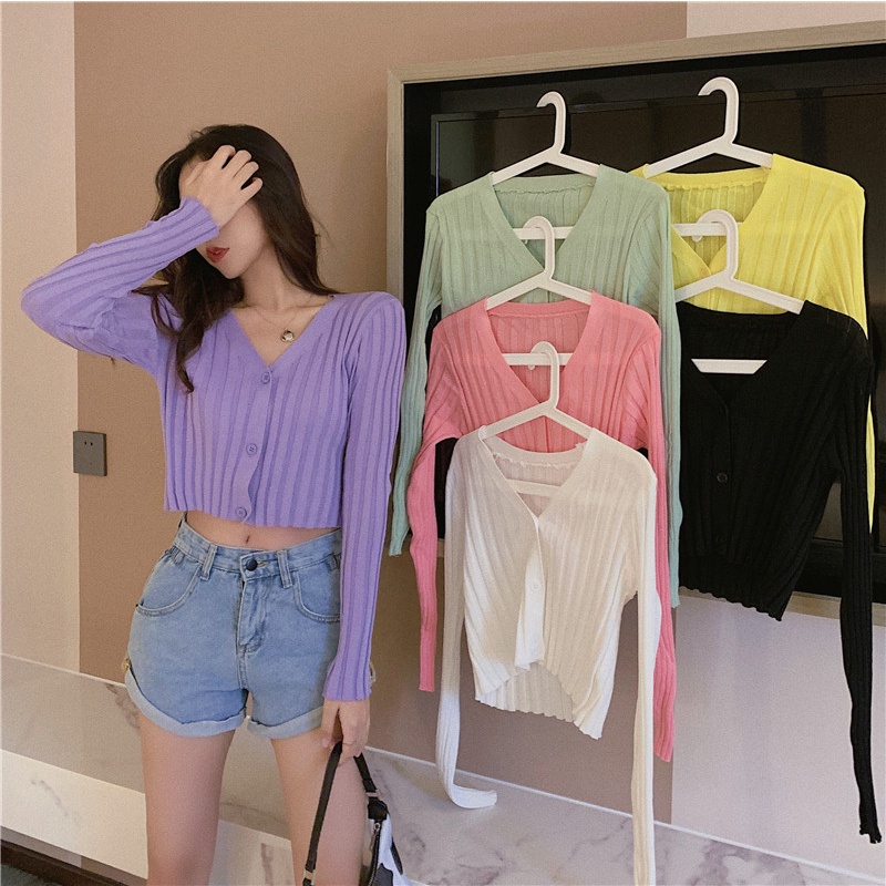 Áo Khoác Cardigan Áo Len Croptop Mỏng Cadigan Dệt Kim Tay Dài Cổ Chữ V Chống Nắng Cho Nữ