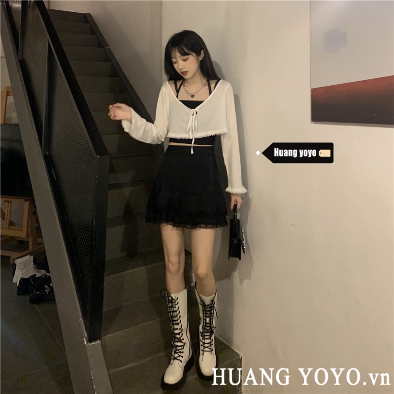 Set Áo Khoác Dài Tay + Áo Hai Dây + Chân Váy Thời Trang Dành Cho Nữ