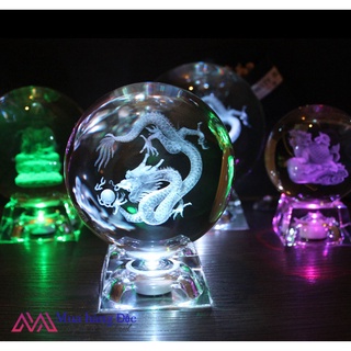 Bộ quà tặng quả cầu pha lê khắc laser 3D led rồng dragon phong thủy (tặng đế đèn + hộp quà)