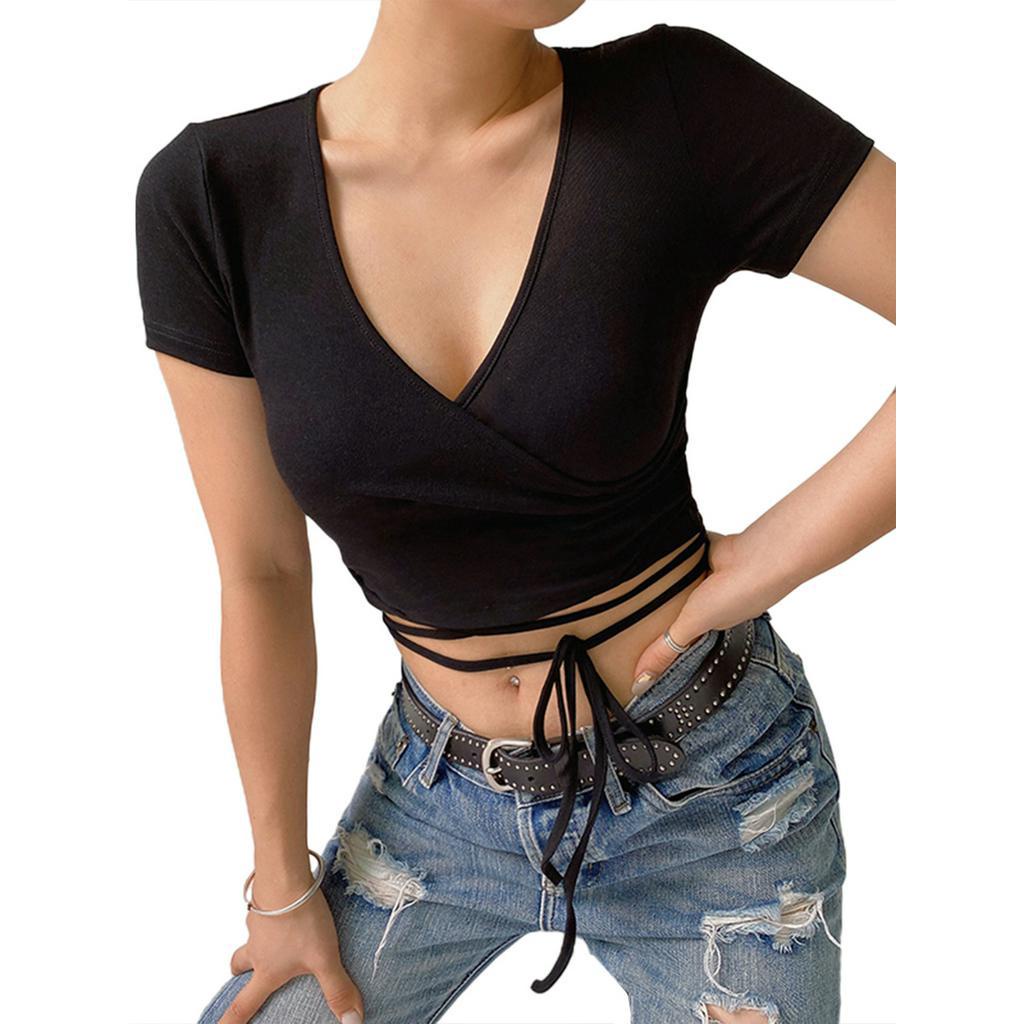 Áo croptop cổ chữ V màu trơn thắt dây thời trang mùa hè cho nữ