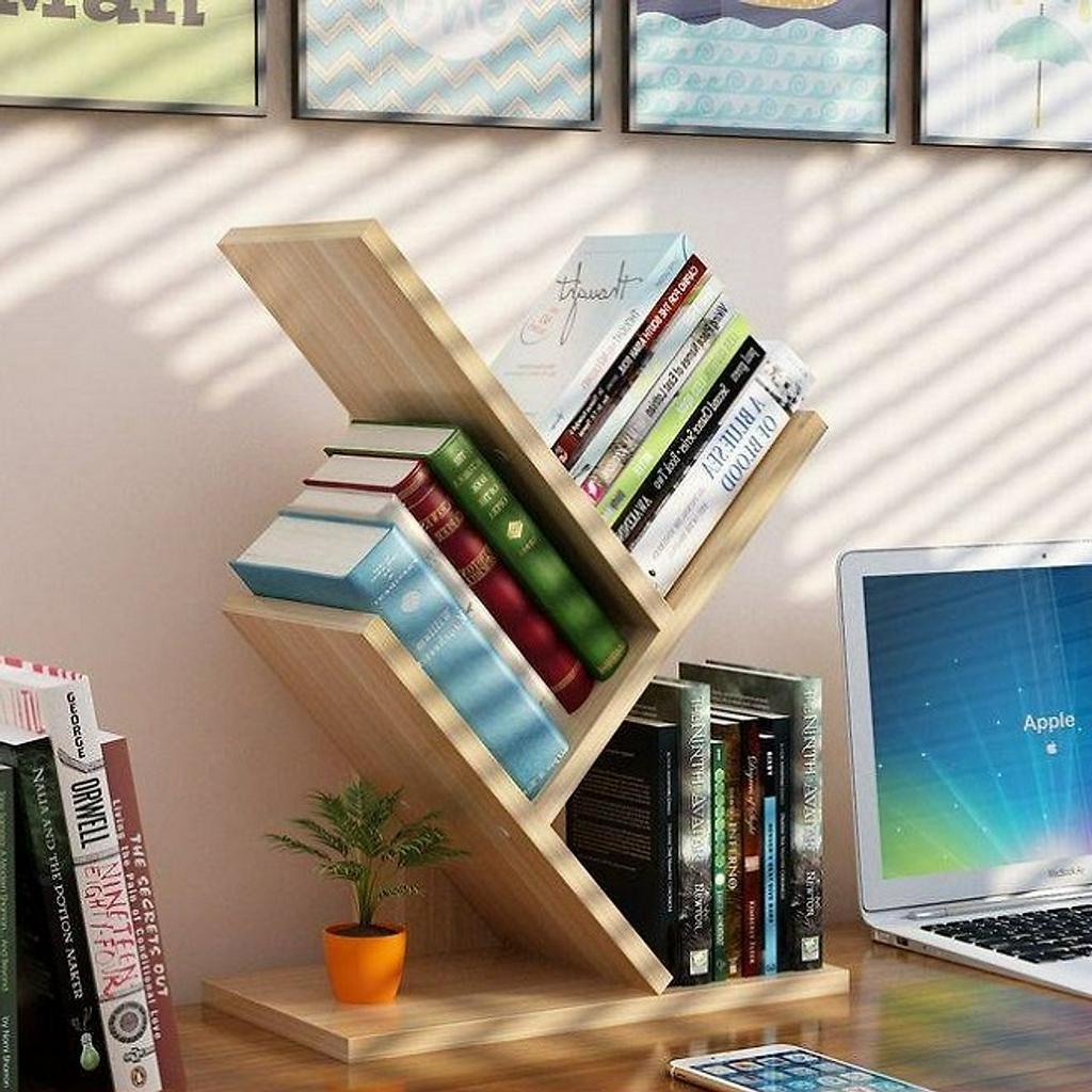 Kệ Sách Mini Hình Xương Cá 3 Tầng Bằng Gỗ MDF, Dùng Để Đựng Sách Vở Hoặc Tài Liệu, Để Trên Bàn Học Hoặc Bàn Làm Việc