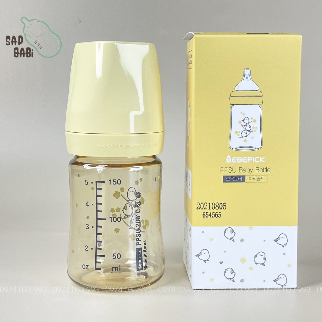 Bình sữa Bebepick Chim Vàng, Mẫu Mới 2021 nội địa Hàn Quốc, size 150ml/250ml PPSU cao cấp