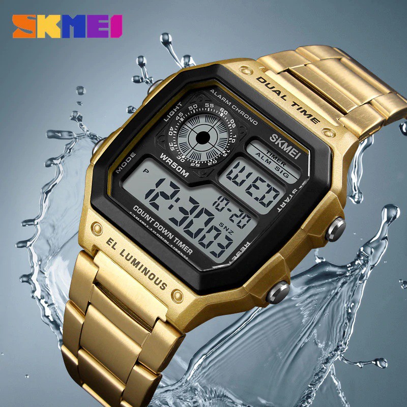 Đồng hồ thể thao điện tử nam Skmei 1335 Digital Watch dây thép không gỉ (Vàng)