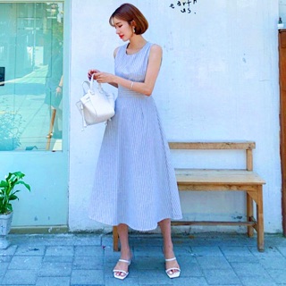 Đầm sọc xanh bo eo (kèm hình thật)