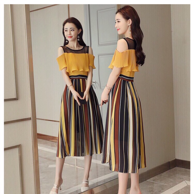 Đầm tùng sọc rớt vai