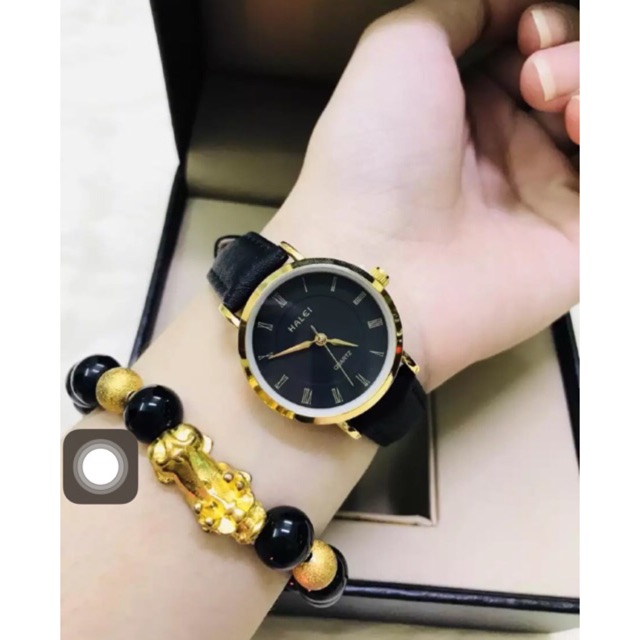 Đồng hồ nữ dây da mặt đen halei cực đẹp