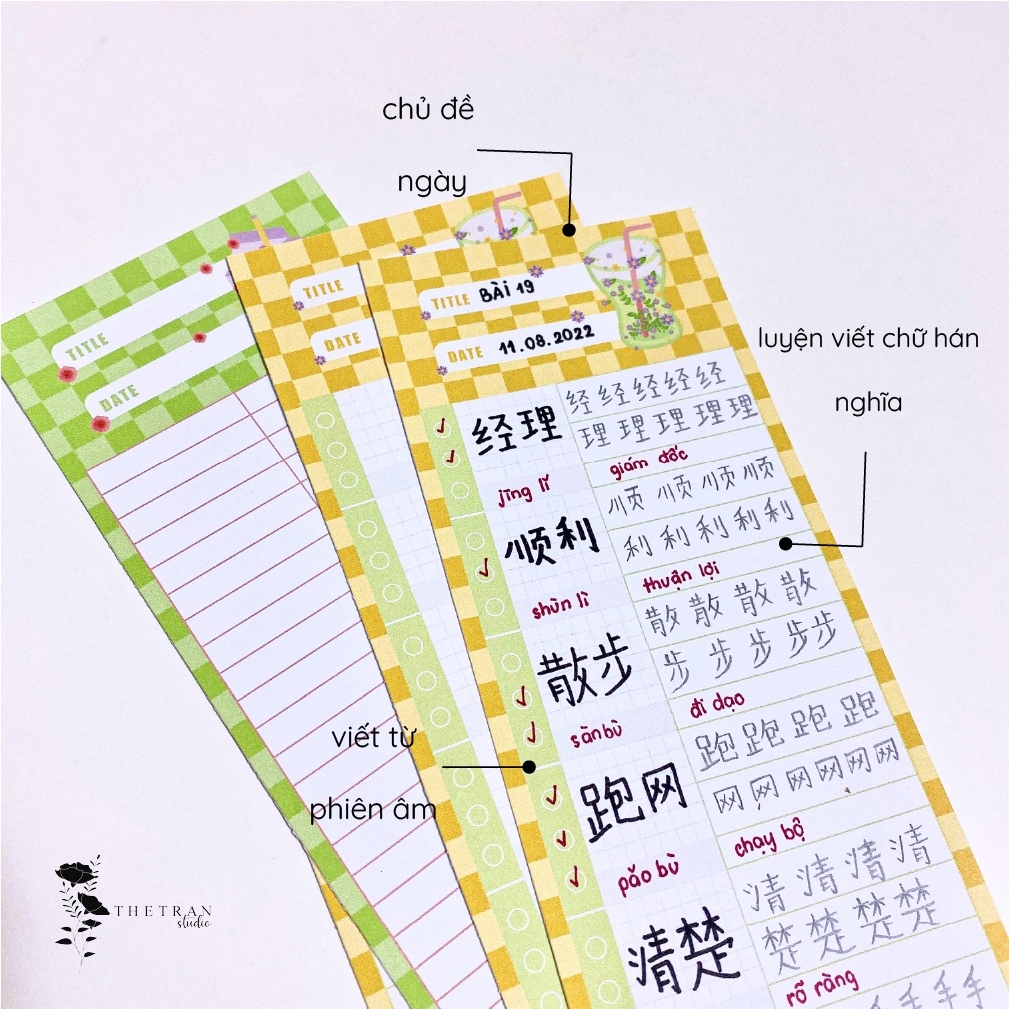 Bộ 8 tờ giấy ghi chú học từ vựng B5, A5, Half A5 kẻ caro kẻ ngang | blooming vocabulary sheet | thetranstudio