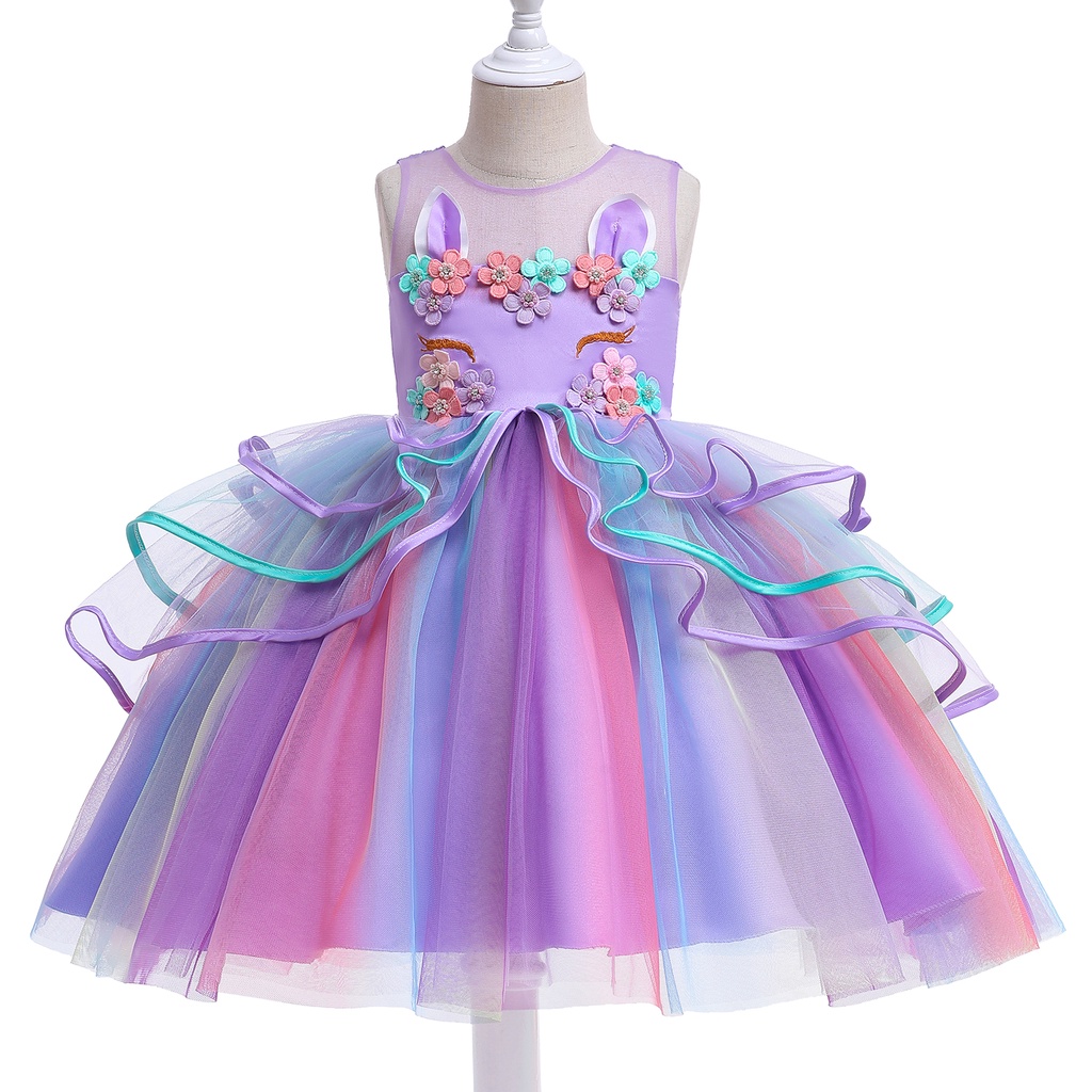 Đầm Công Chúa Họa Tiết Kỳ Lân Màu Cầu Vồng Xinh Xắn Cho Bé Gái 4-10 Tuổi