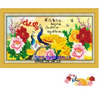 Tranh đính đá cao cấp cha mẹ chim công tuyệt đẹp kt 110×50