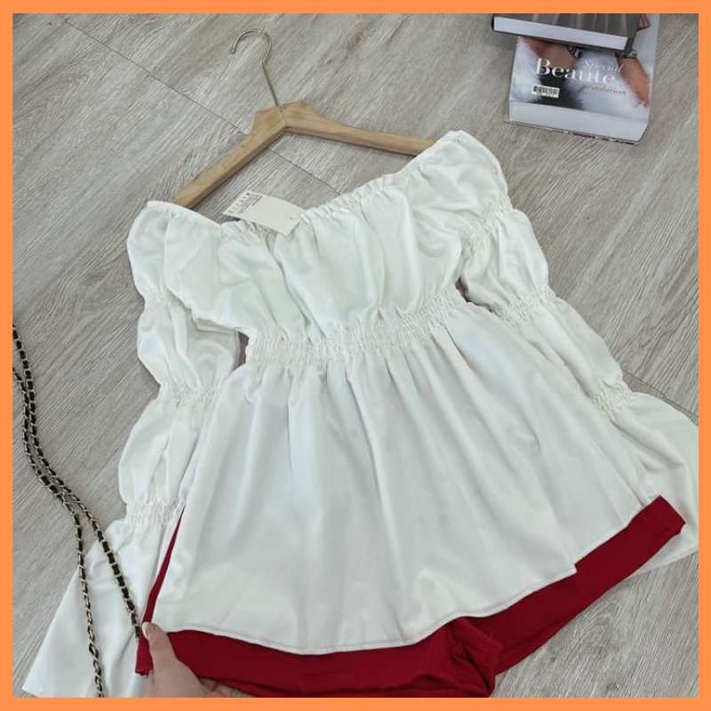 Set Áo Thô Trễ Vai Mix Quần Tacta Đỏ Siêu Xinh Có Ảnh Thật THỜI TRANG1989 áo trễ vai tay bồng ULZZANG hàn quốc nữ