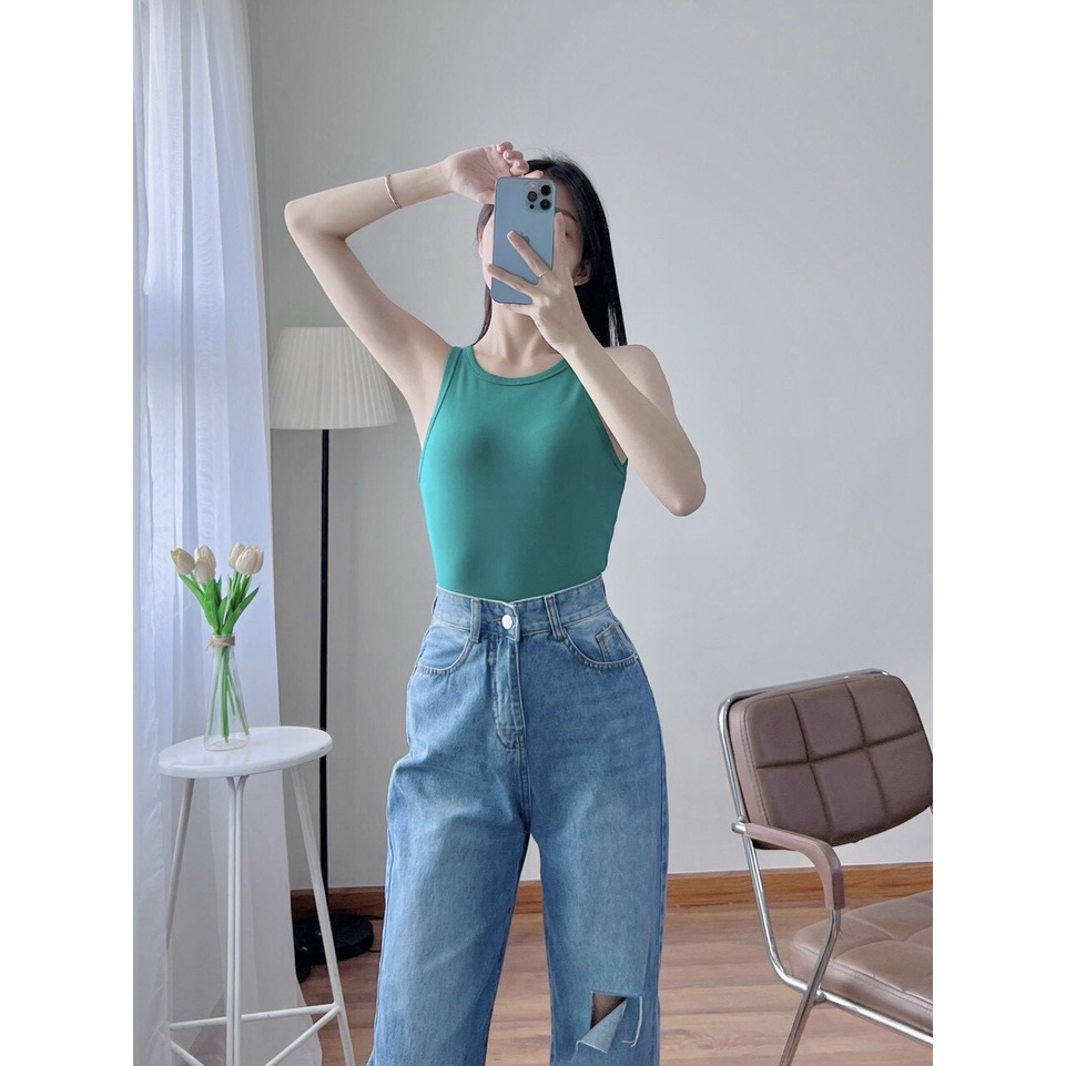 Áo Thun Form Dài Gân Trơn Nữ Xách Nách Cổ Tròn Phong Cách Mới Chất Lượng Tốt-34dcStyle