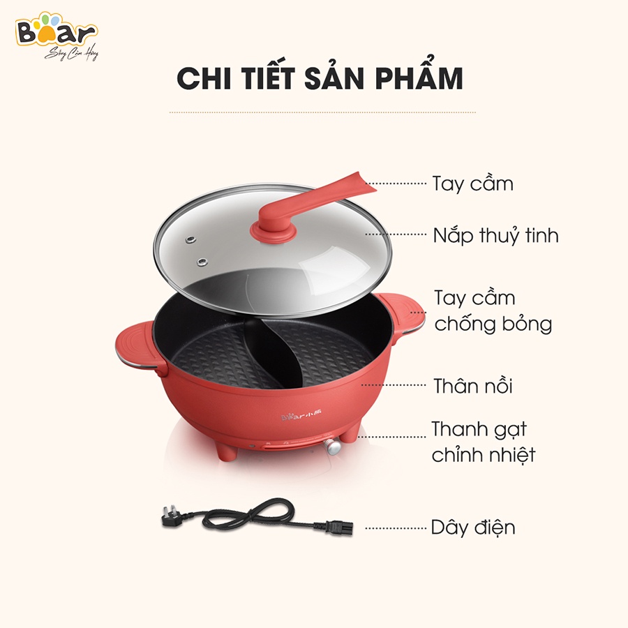 [Bear Chính Hãng] Nồi lẩu uyên ương Bear 6L, 2 ngăn, 2 màu lựa chọn (đỏ, trắng kem)