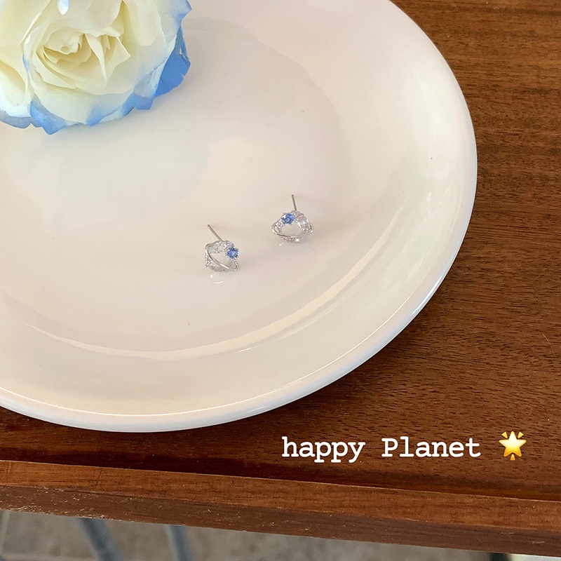 Bông Tai Mạ Bạc 925 Hình Hành Tinh Đính Đá Zircon Xanh Dương Phong Cách Hàn Quốc Cho Nữ