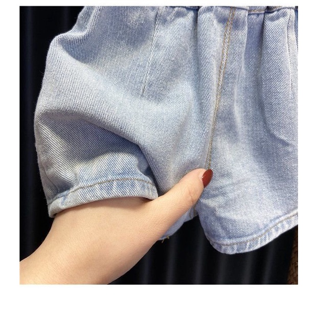 Set Áo Thun Ngắn Tay + Quần Short Denim Phong Cách Hàn Quốc Dễ Thương Cho Bé Gái 1-4 Tuổi