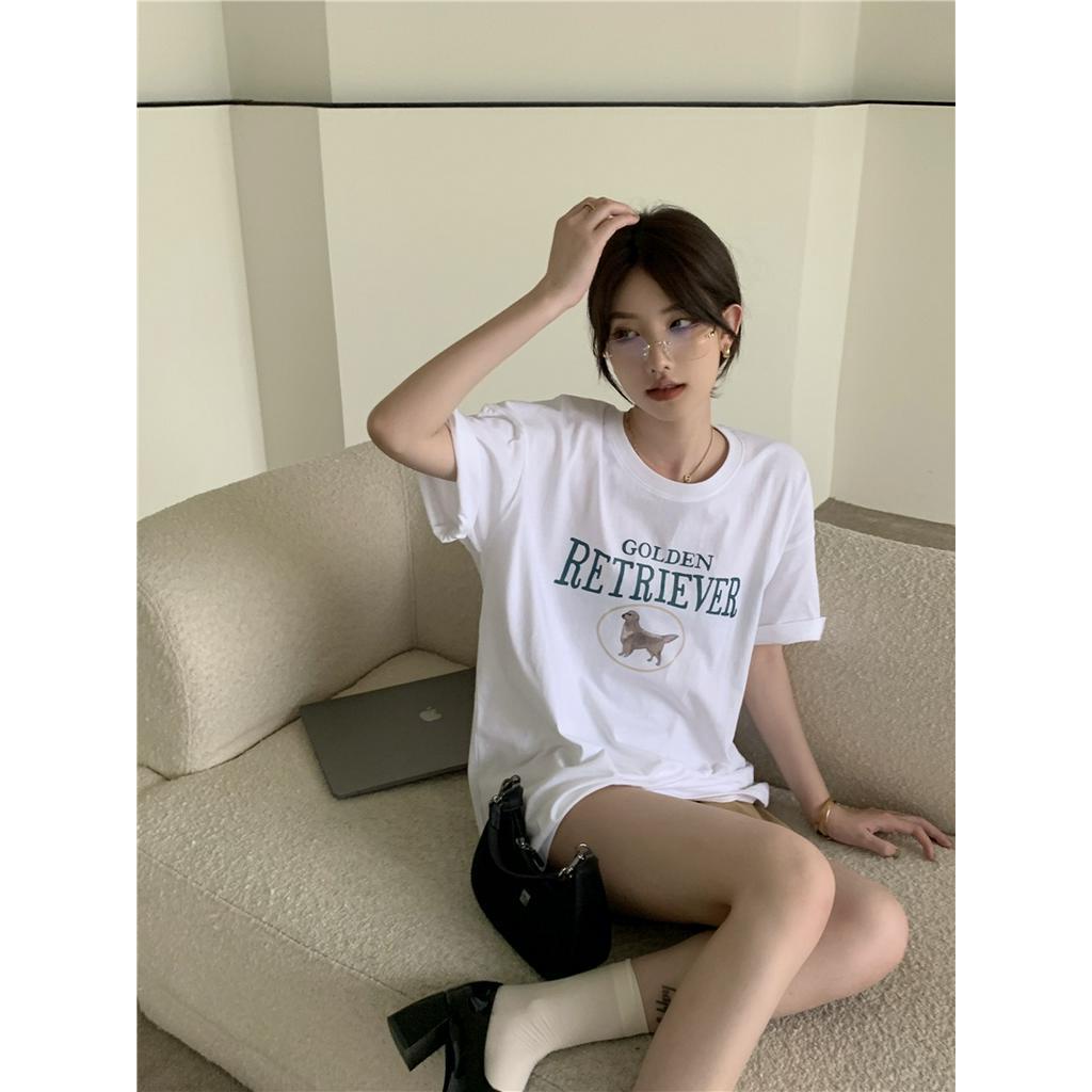Áo Thun Dáng Rộng Ngắn Tay In Hình Cún Thời Trang Mùa Hè Mỹ Kiểu Mới 53641