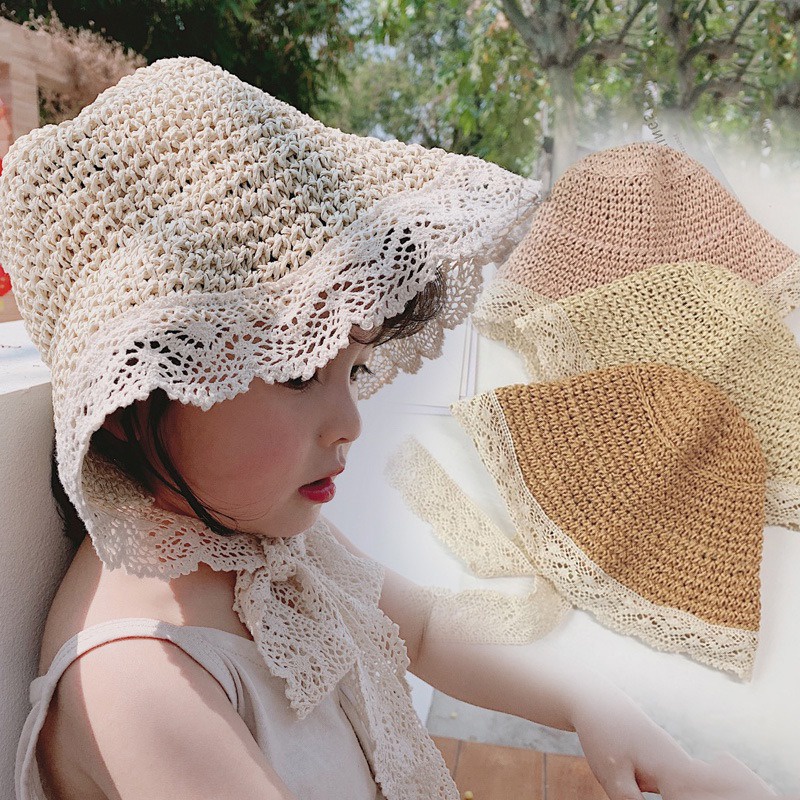 Nón cói phối ren phong cách Hàn Quốc xinh xắn đáng yêu cho bé gái 2-5 tuổi