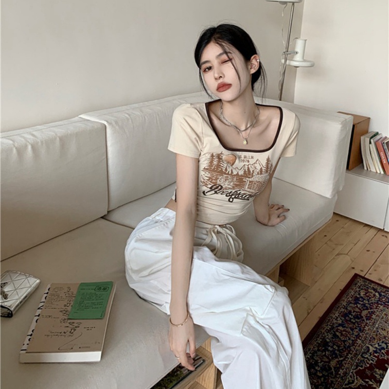 Áo Thun Tay Ngắn Cổ Vuông In Họa Tiết Phong Cách Hàn Quốc Thời Trang Mùa Hè Mới Cho Nữ