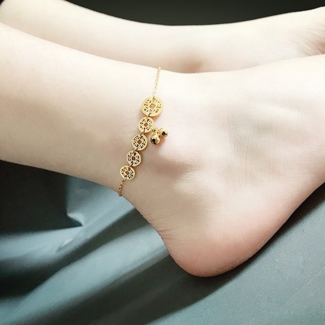 Lắc chân nữ titan đồng tiền và chuông lục lạc dễ thương style hàn quốc - namimi