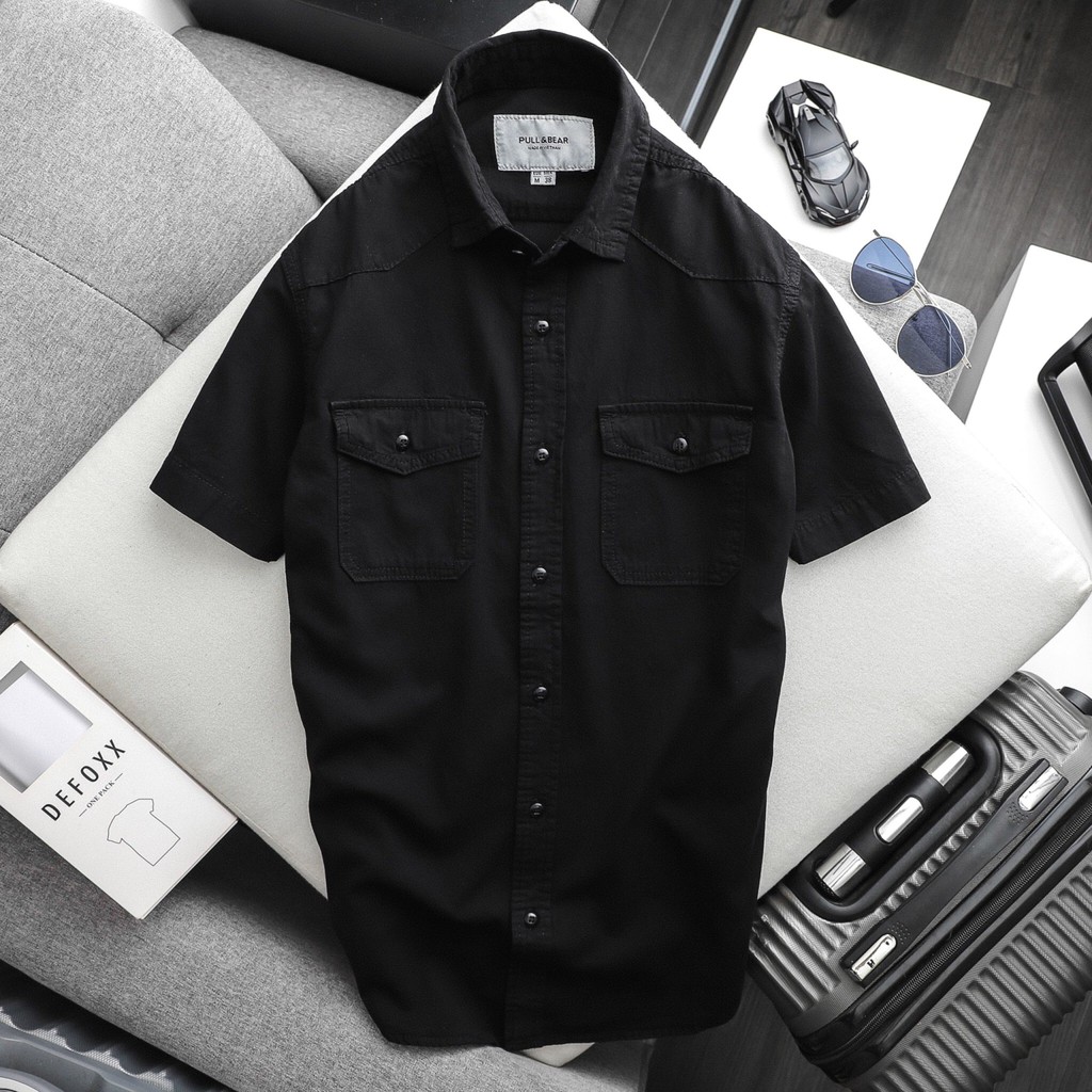 Áo sơ mi nam ngắn tay áo kiểu slimfit PB vải denim màu đen 0829 foxxmen