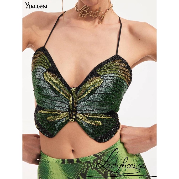 Áo Croptop Hai Dây Không Tay Hở Lưng In Họa Tiết Bướm Cổ Điển Y2K Mùa Hè 2022 Cho Nữ