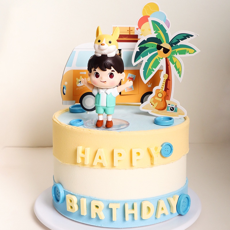 đồ trang trí bánh kem sinh nhật  [FREESHIP] bé trai đội chó con và ngôi nhà xe vàng
