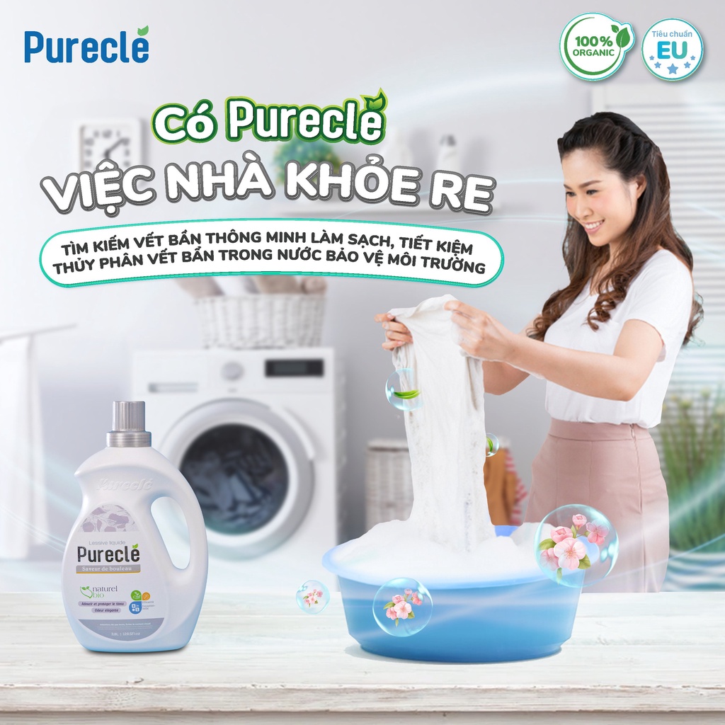 Nước giặt Organic Purecle hương bạch dương, an toàn, siêu sạch, lưu hương lâu, kinh tế - siêu tiết kiệm, can 3.8L