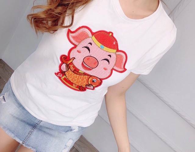 Áo thun Thái thêu hình Heo xinh