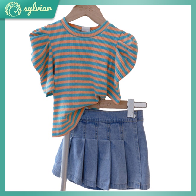 Bộ 2 Món Áo Cotton Tay Phồng + Chân váy jean Thời Trang Mùa Hè Cho Bé Gái 4-8 Tuổi