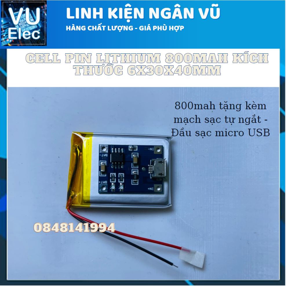 Pin Li-Po 3.7V 800mAh 603040 (Lithium Polymer) tặng kèm mạch sạc đầu Micro usb CÓ ĐÈN BÁO