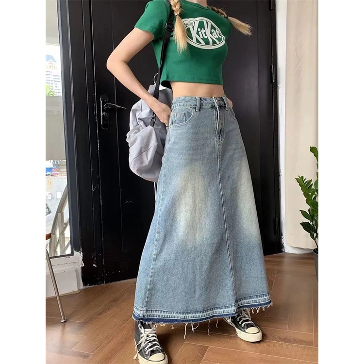 ❇☃Chân Váy Denim Chữ A Dáng Dài Rộng Dài Vừa Phải Phong Cách Retro Mỹ Cho Nữ