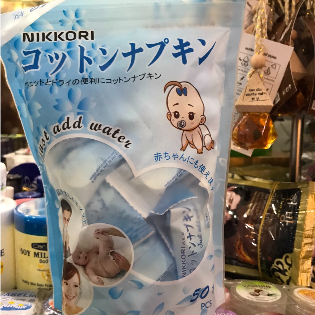 Khăn nén NIKKORI Okamura gói 50c giúp tẩy trang, lau mặt dạng viên nén tiện lợi, an toàn cho cả trẻ sơ sinh