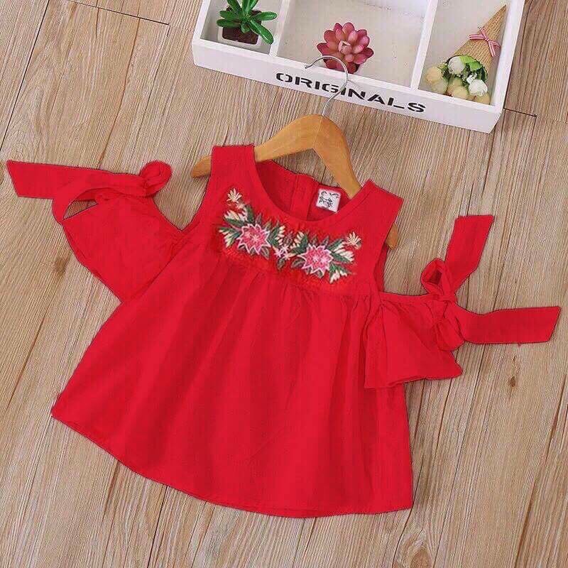 Áo xô bé gái rớt vai thêu hoa mùa hè