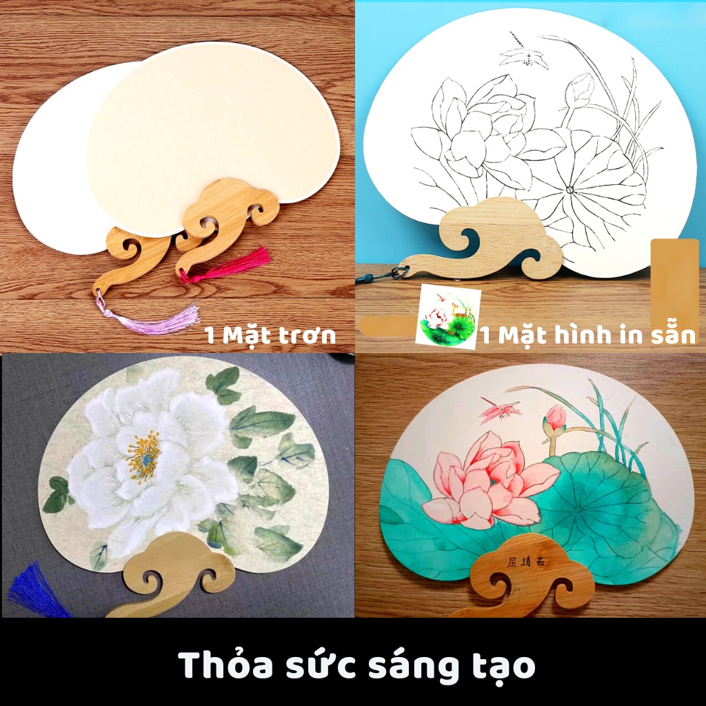Quạt Cầm Tay Quạt Cổ Trang Thư Pháp Tự Tô Màu, Hình Hoa Cán Gỗ Sáng Tạo Trang Trí Chụp Ảnh Sống Ảo Decor