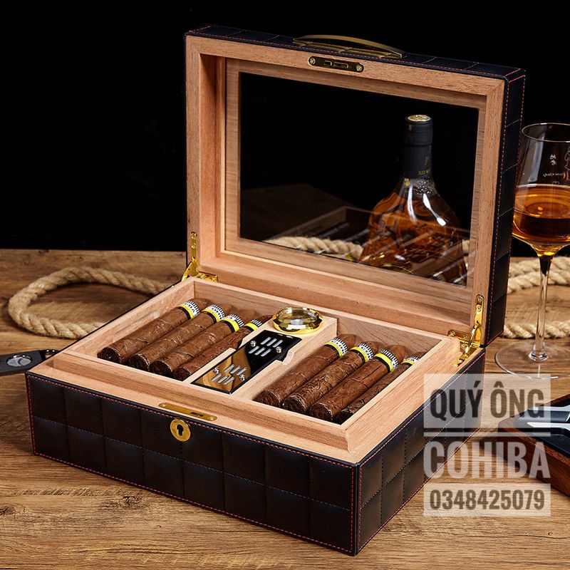 Humidor hộp giữ ẩm xì gà bọc da