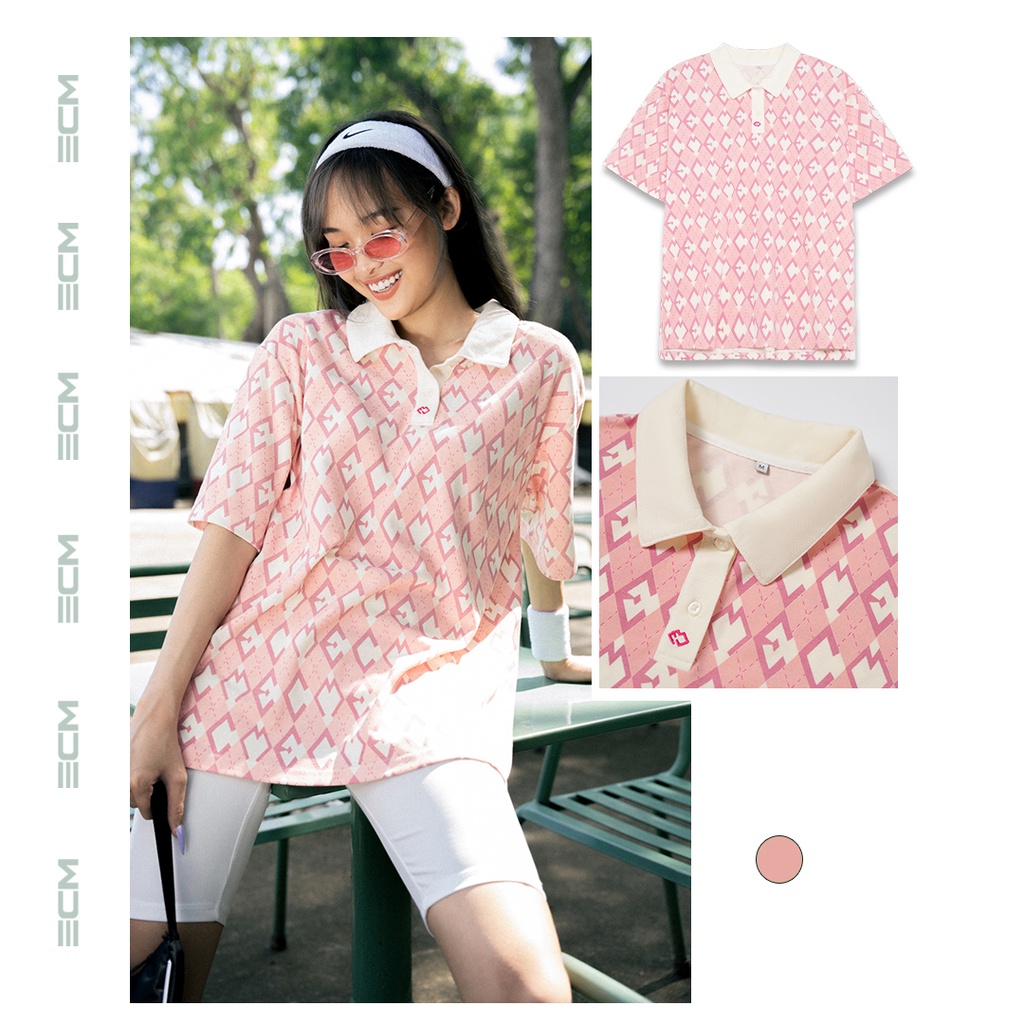 Áo polo oversize form rộng ECM tay lỡ màu hồng EAUN-PS005-S2