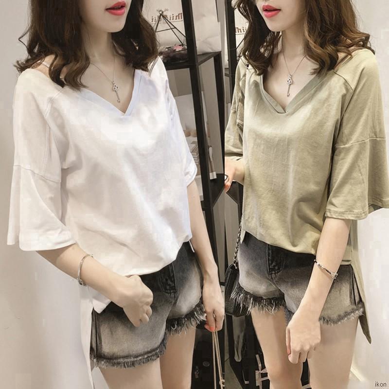 Áo thun tay ngắn cổ tim dáng rộng màu trơn cho nữ