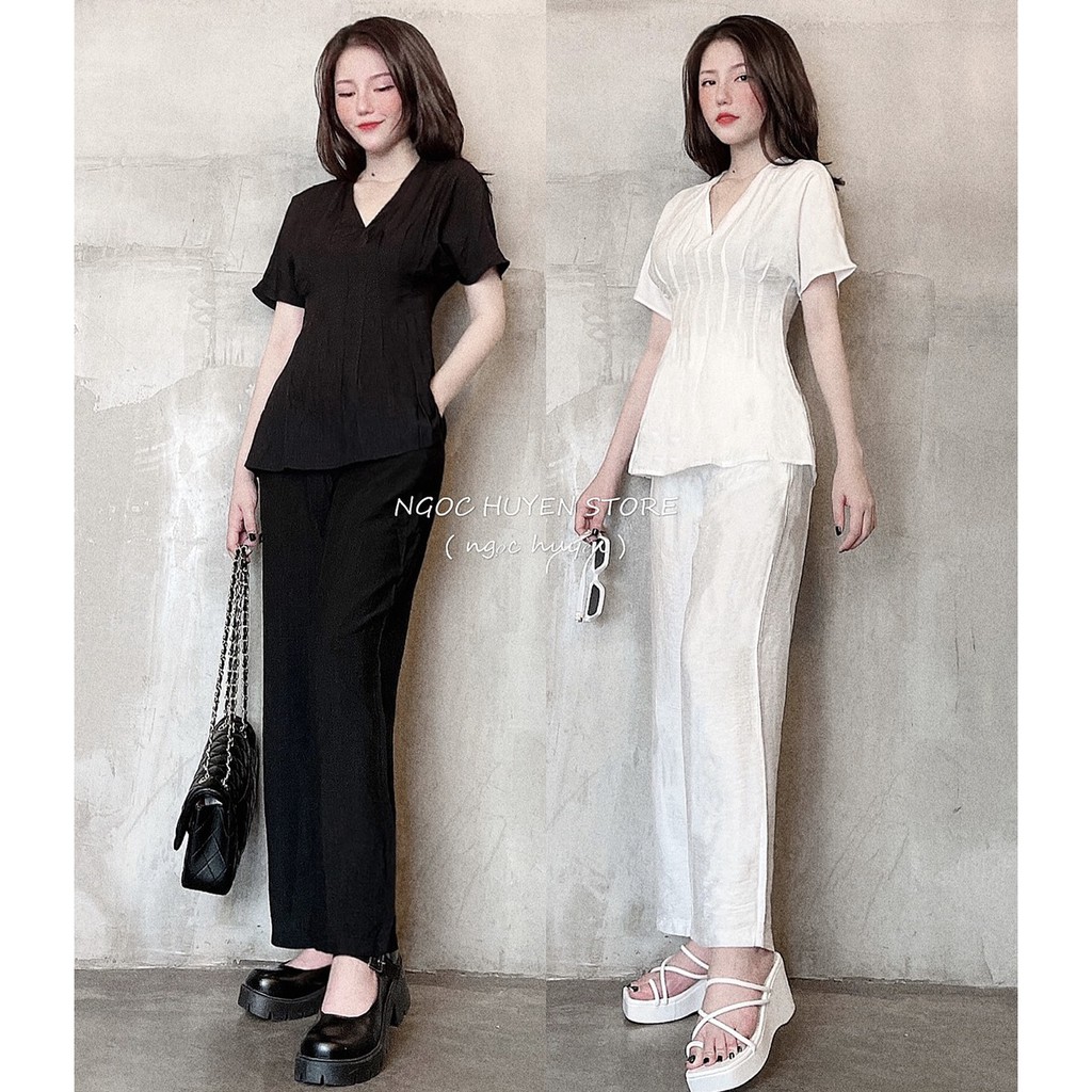 Set áo peplum cổ V chít eo + quần suông 2 màu
