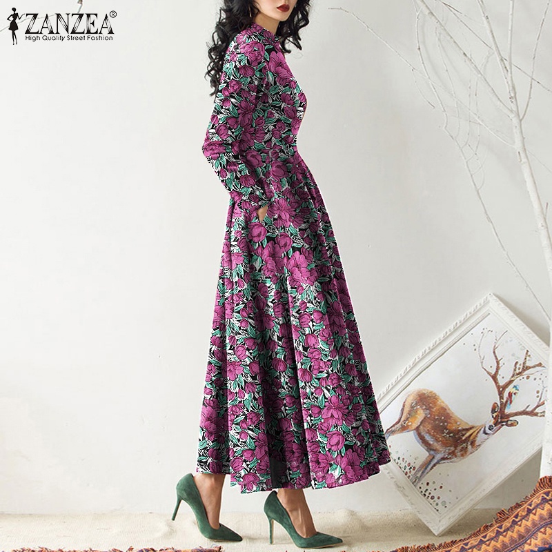 Đầm ZANZEA maxi dáng xòe dài phối khóa kéo lưng tay dài in hoạ tiết vintage cho nữ