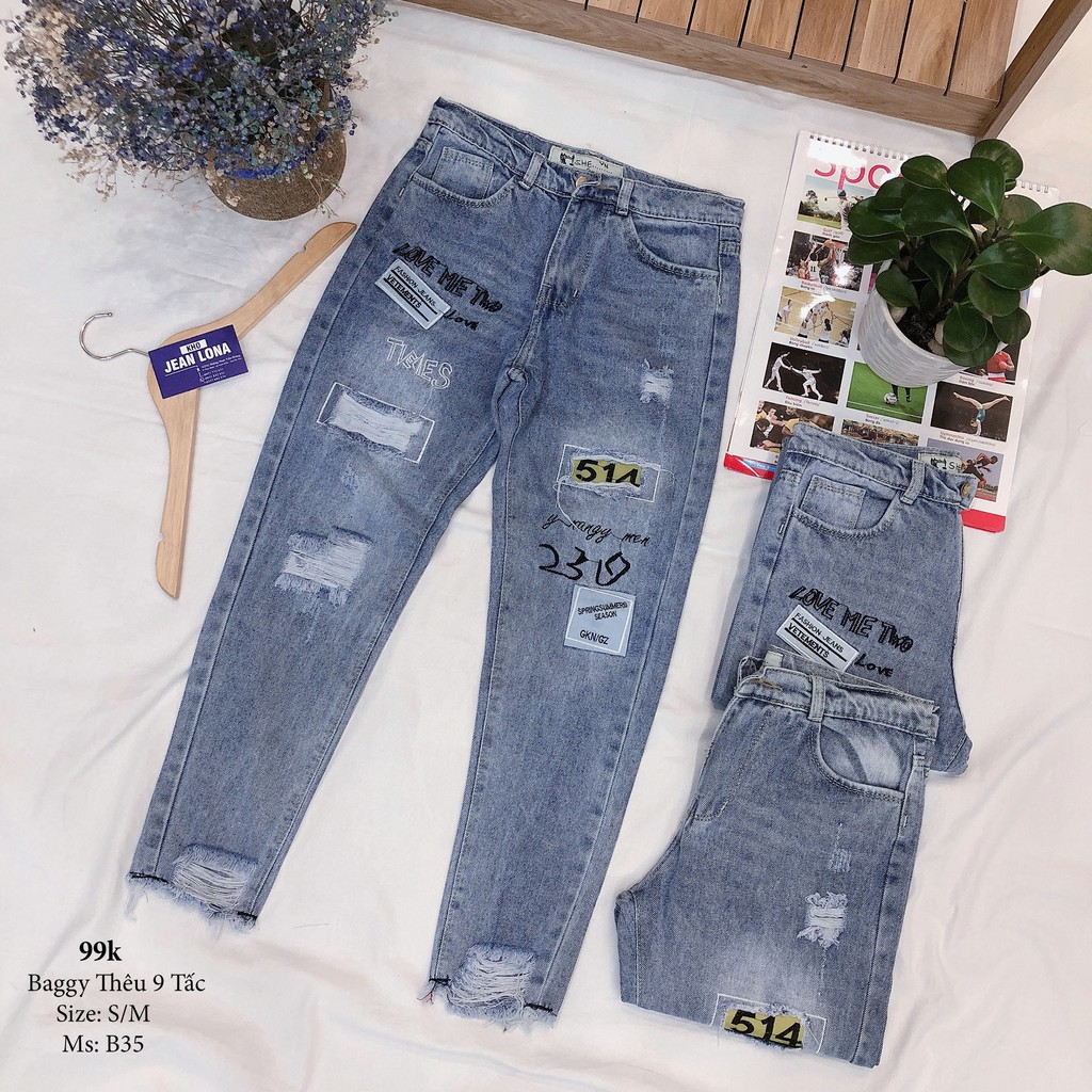 FREE SHIP⚡Hình Thật⚡QUẦN BAGGY JEANS THÊU 9tấc, RÁCH