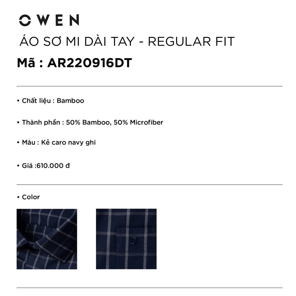 Áo Sơ Mi Nam Dài Tay OWEN AR220916DT Somi Công Sở Vải Sợi Tre Cao Cấp Màu Kẻ Caro Navy Ghi Dáng Suông Tà Lượn Có Túi