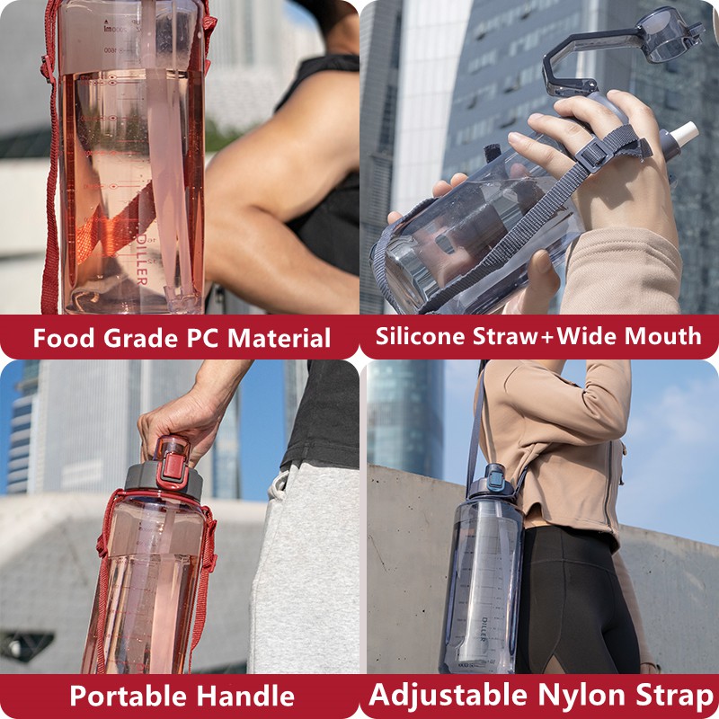 Bình đựng nước DILLER D47 không chứa BPA tích hợp ống hút và dây đeo 1050ml/2000ml/4000ml