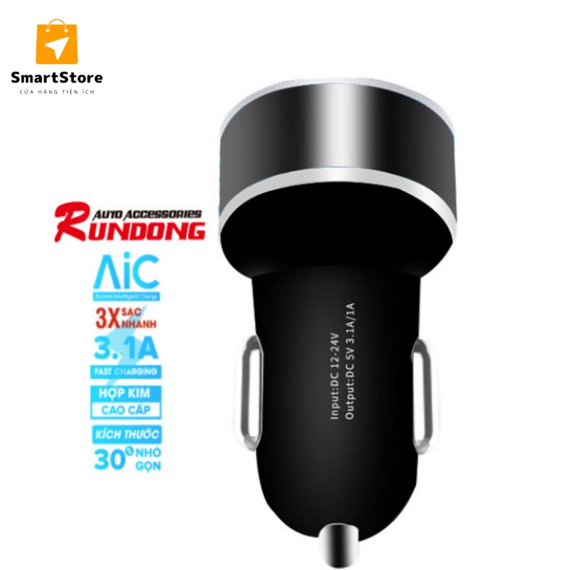 Tẩu sạc ô tô Rundong 2 cổng USB 3.1A