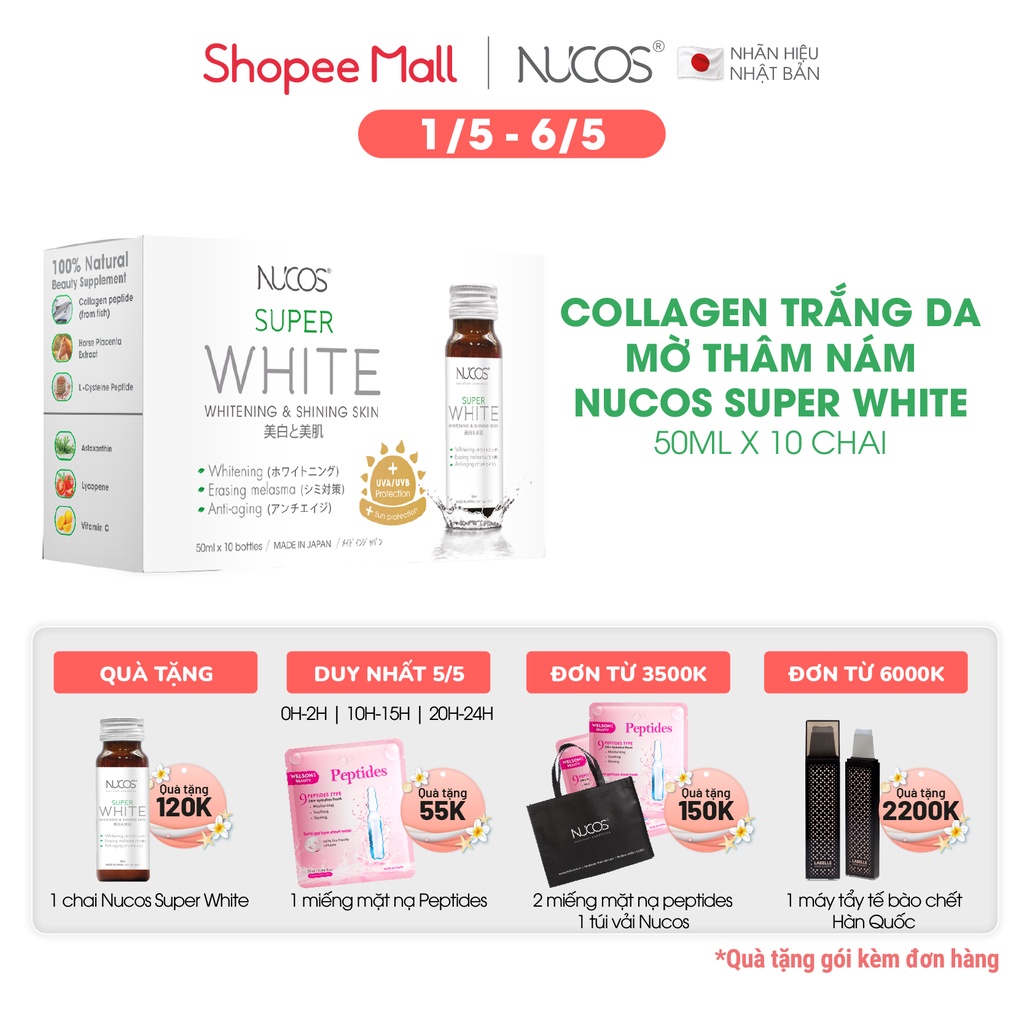 Collagen trắng da mờ thâm nám Nucos Super White 50ml x 10 chai