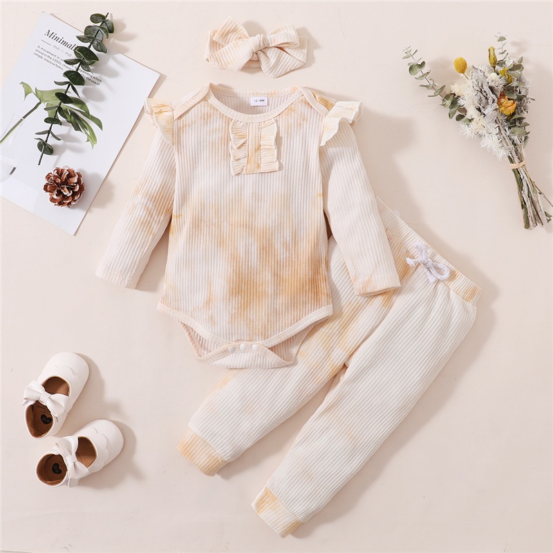 Set romper + quần + băng đô Mikrdoo tay dài màu trơn xinh xắn dành cho bé gái