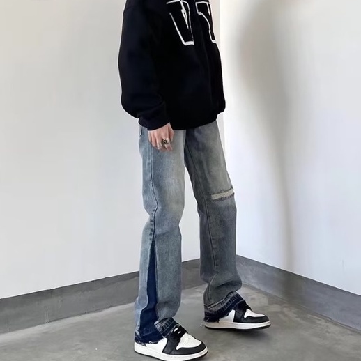Quần jean nam Mỹ Cá Tính quần jean ống rộng nam cao cấp quần jean nam rách gối