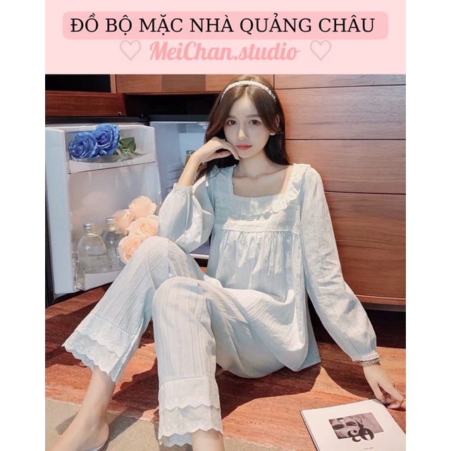 Đồ Bộ Nữ Mặc Nhà chất Đũi tay phồng phối viền ren Quảng Châu ulzzang