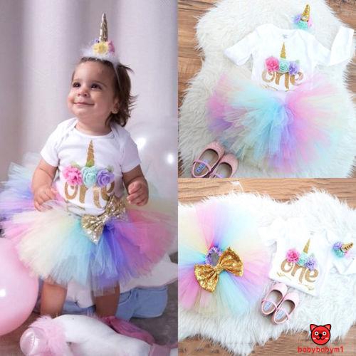 ☀Sun❤3PCS Baby Girl 1st Birthday Outfit Party Unicorn Romper Cake Smash Tutu Dress