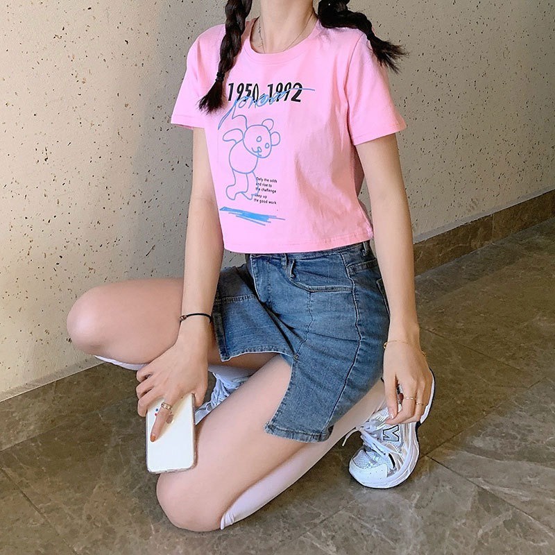 Áo thun ZHELIHANGFEI dáng ngắn in hình gấu dễ thương cho nữ