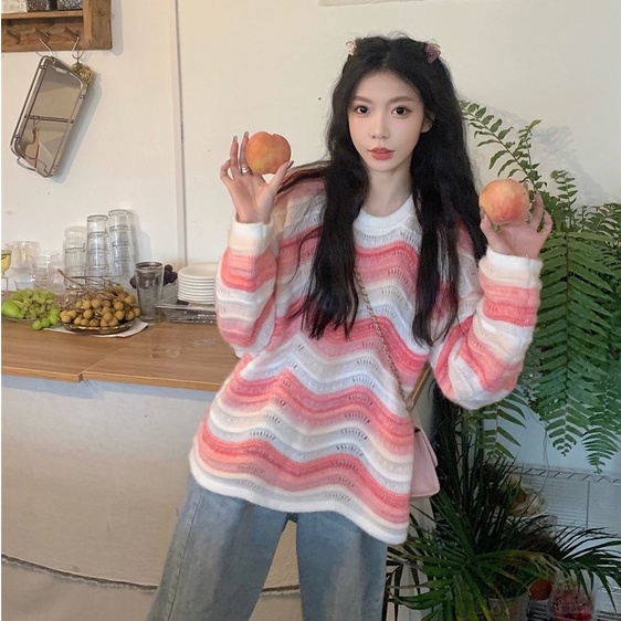 Áo len ZHELIHANGFEI tay dài dáng rộng họa tiết kẻ sọc màu cầu vồng dễ phối đồ