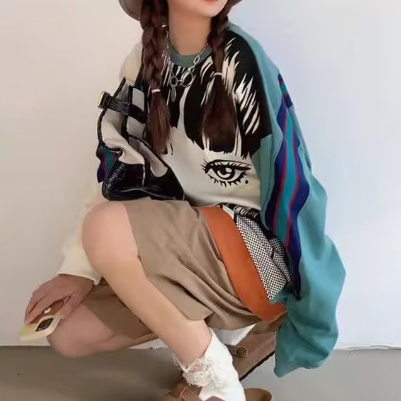 ♞AFF LIGA♞ Áo Sweater Cổ Tròn Tay Dài Dáng Rộng In Họa Tiết Hoạt Hình Màu Tương Phản Thời Trang Mùa Thu Cho Nam Và Nữ